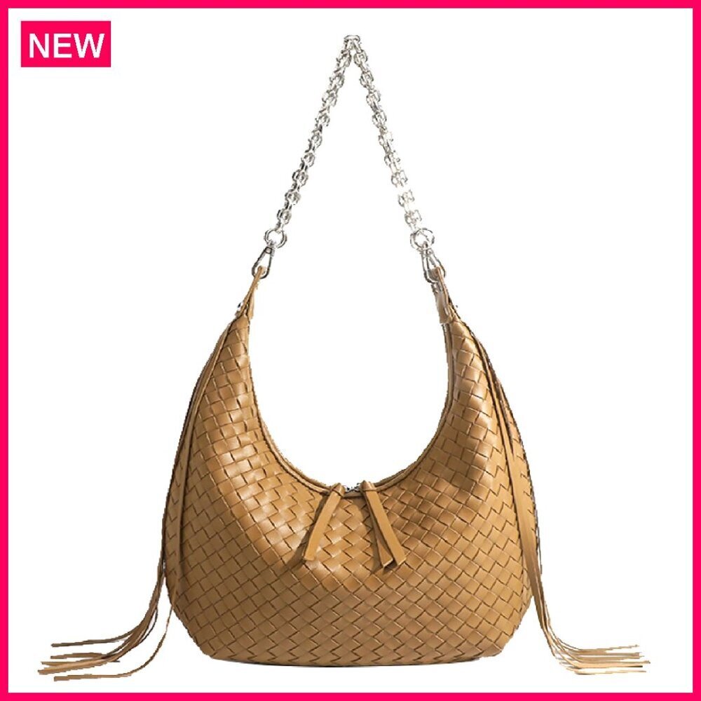 Vegan Leather Fringe Hobo Bag Hand Woven Tote Top Handle Shoulder Purse